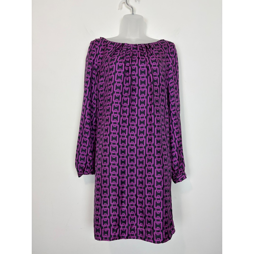 VTG Milly of New York Silk Geometric Chain Print Shift Dress Purple Sz 8 Mod